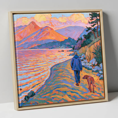Vibrant Derwentwater Dog Walk gifts for dog walkers canvas wall art in natural frame