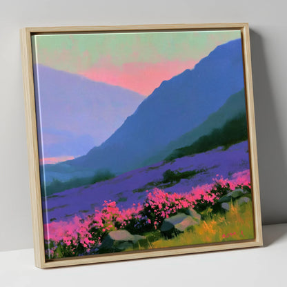Indigo Fells and Vibrant Heather flowers & fellsides canvas wall art in natural frame