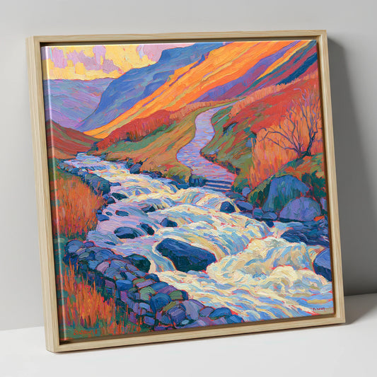 Vibrant Rushing Fellside Beck lake district waterfall canvas wall art in natural frame