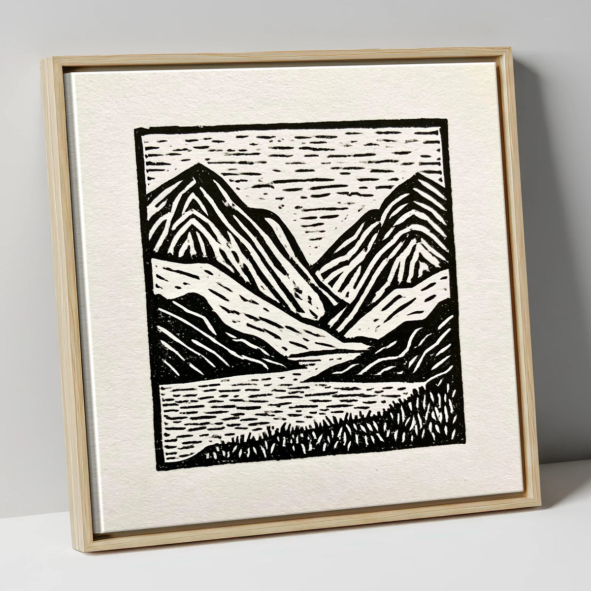 Lake and Fells in Monochrome lake district lake canvas wall art in natural frame