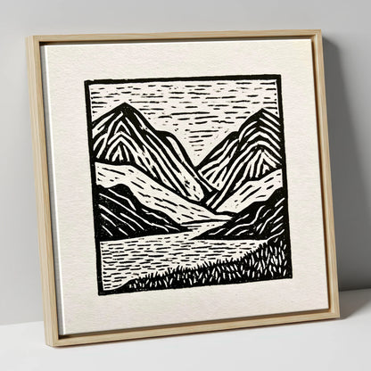 Lake and Fells in Monochrome lake district lake canvas wall art in natural frame