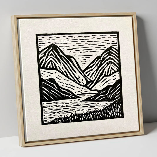 Lake and Fells in Monochrome lake district lake canvas wall art in natural frame
