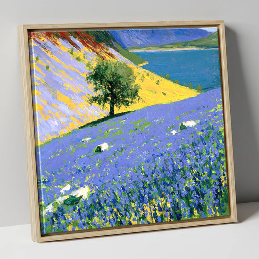 Vibrant Rannerdale Bluebells Above Crummock lake district lake canvas wall art in natural frame