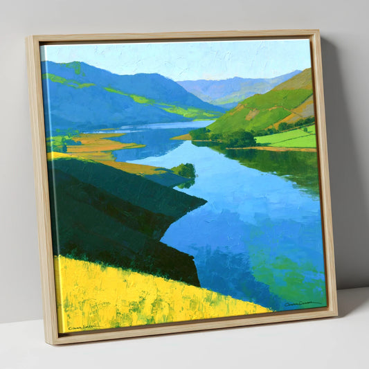 Cerulean Lake and Bright Summer Fells lake district lake canvas wall art in natural frame