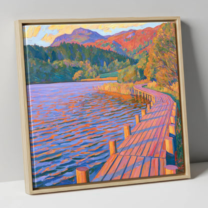 Curving Boardwalk at Tarn Hows lake district lake canvas wall art in natural frame