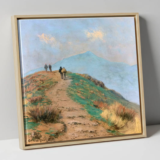 Hikers on a Hazy Fell Ridge lake district fell canvas wall art in natural frame