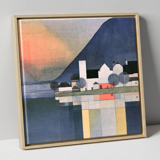 Lakeside Village Geometric Reflections lake district village canvas wall art in natural frame