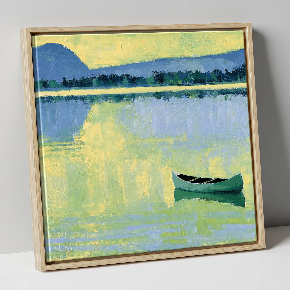 Windermere Canoe in Yellow Light lake district lake canvas wall art in natural frame