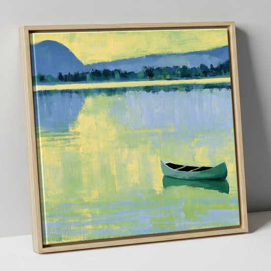 Windermere Canoe in Yellow Light lake district lake canvas wall art in natural frame