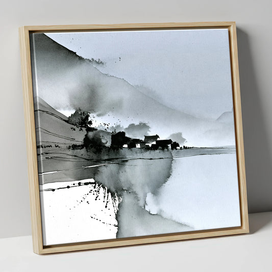 Monochrome Valley Morning Mist lake district sky canvas wall art in natural frame