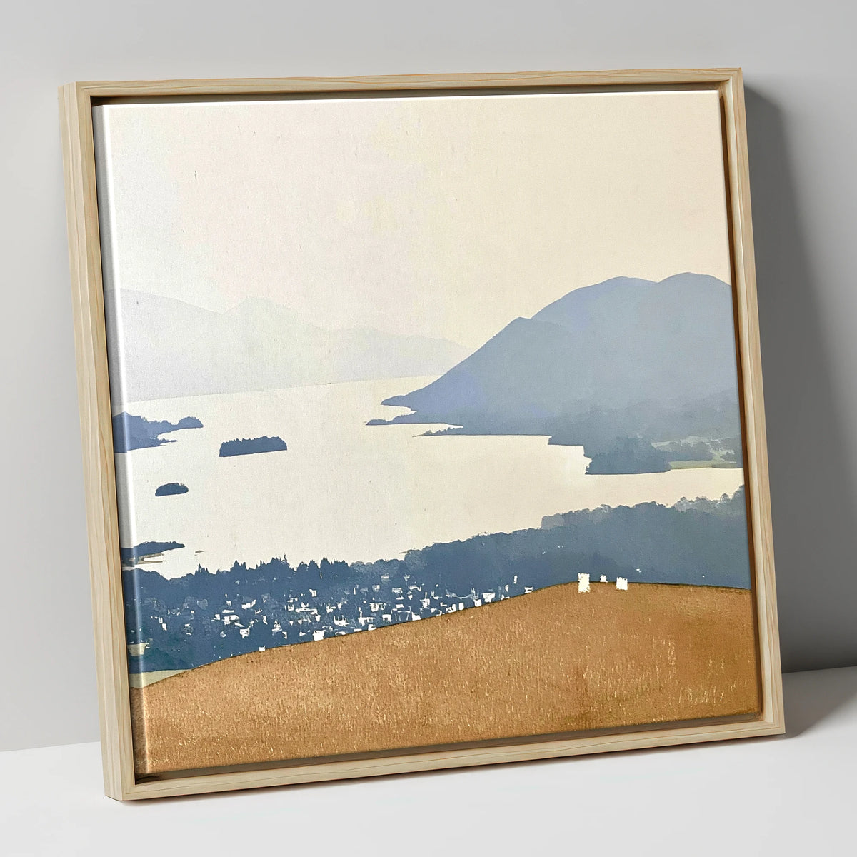 Misty Derwentwater from Latrigg lake district village canvas wall art in natural frame