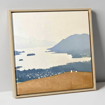 Misty Derwentwater from Latrigg lake district village canvas wall art in natural frame