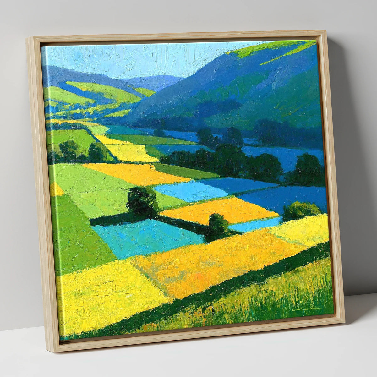 Cobalt And Yellow Dale Fields lake district valley canvas wall art in natural frame