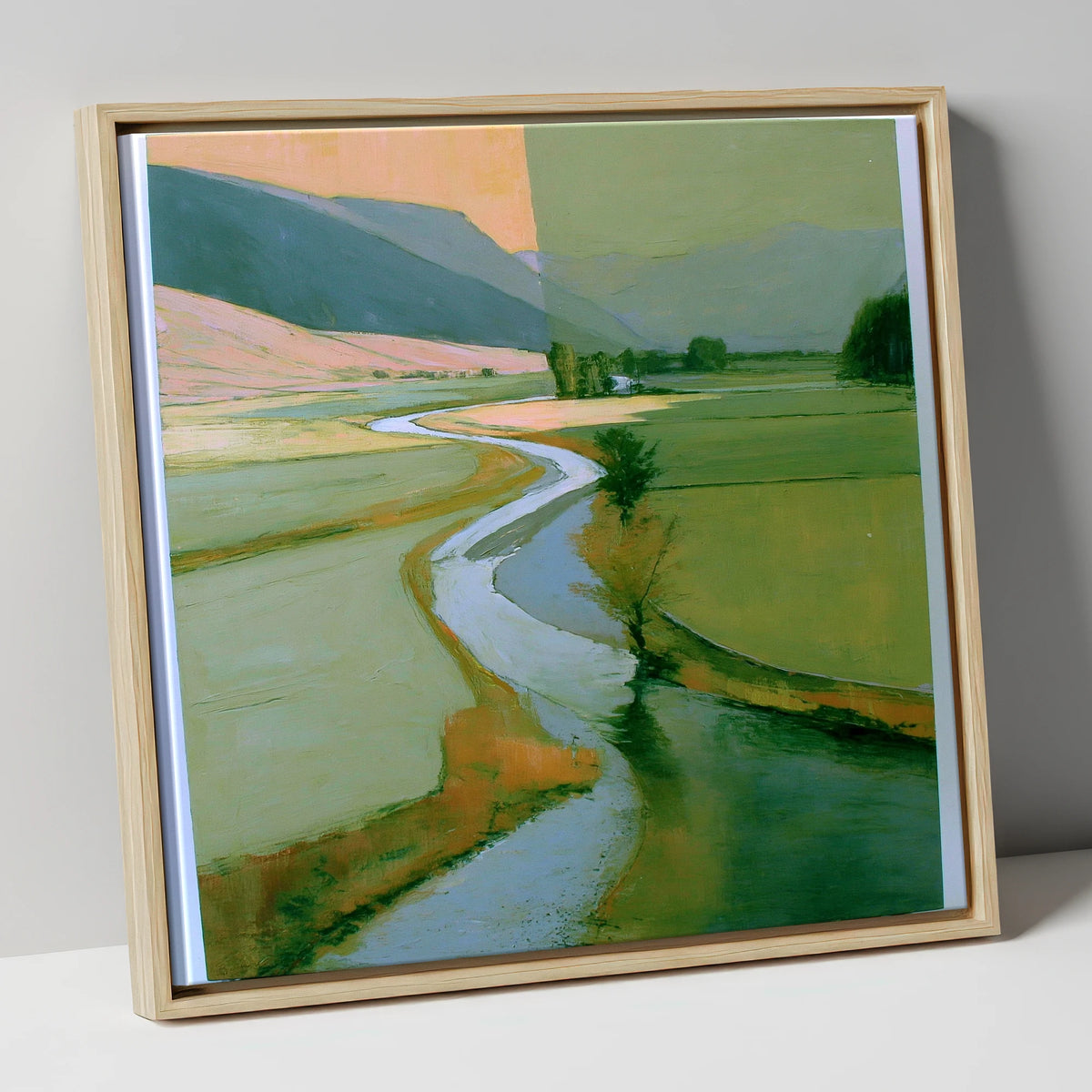 River Valley in Sage and Apricot lake district waterfall canvas wall art in natural frame