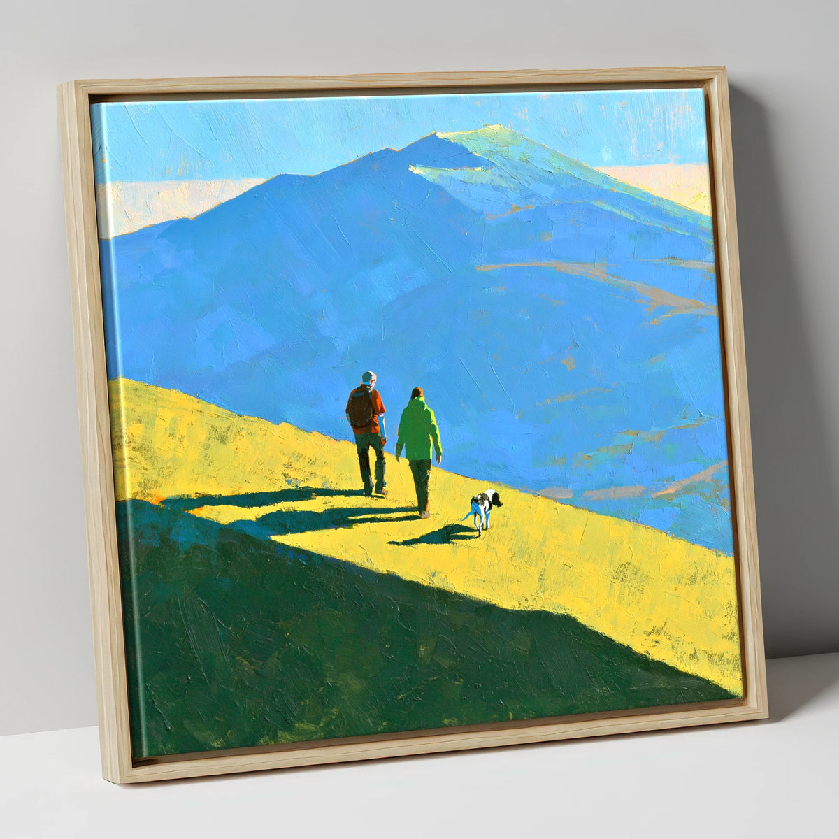 Sunlit Dog Walk on Skiddaw gifts for dog walkers canvas wall art in natural frame