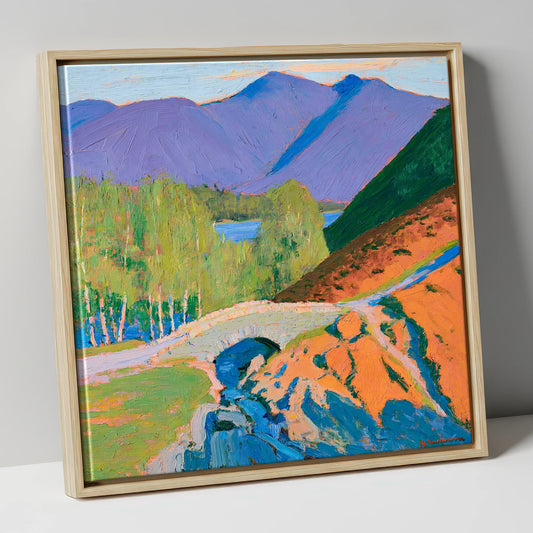 Ashness Bridge Beneath Purple Fells lake district waterfall canvas wall art in natural frame