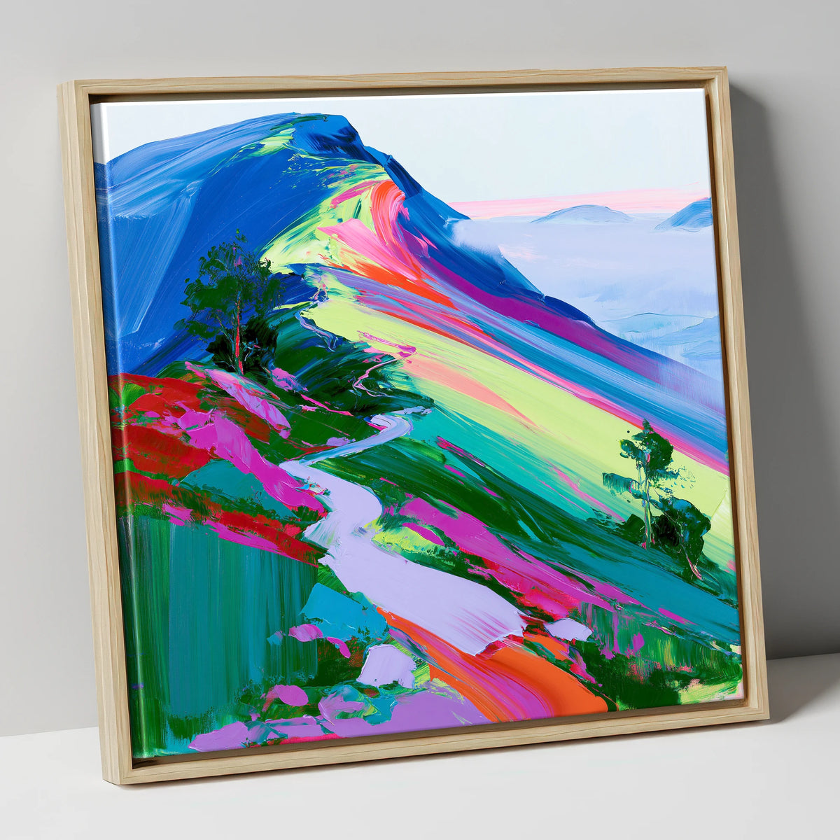 Colourful Mountain Ridge Path lake district fell canvas wall art in natural frame