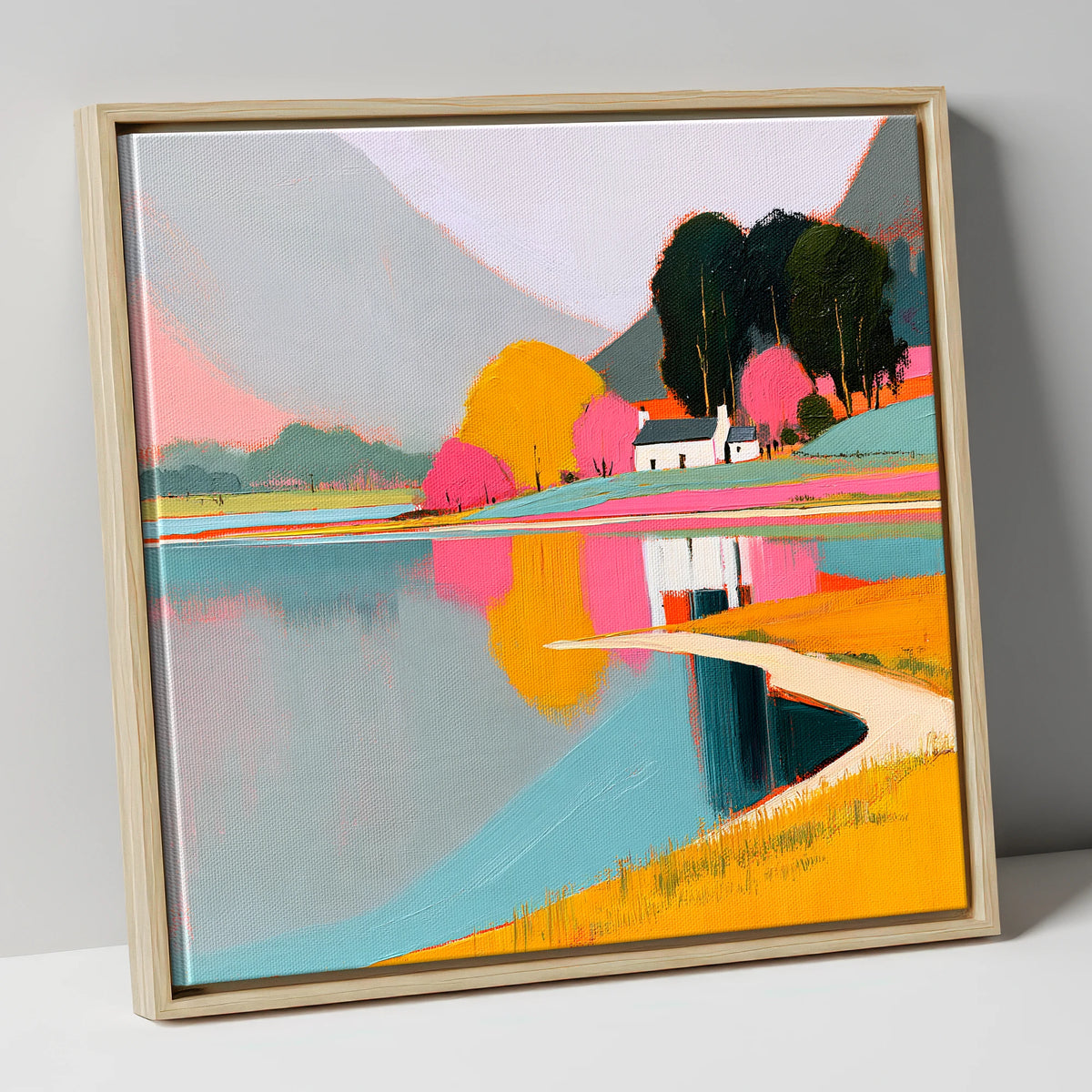 Vibrant Cottage and Lake Reflections lake district lake canvas wall art in natural frame