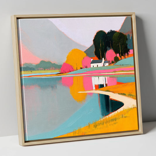 Vibrant Cottage and Lake Reflections lake district lake canvas wall art in natural frame