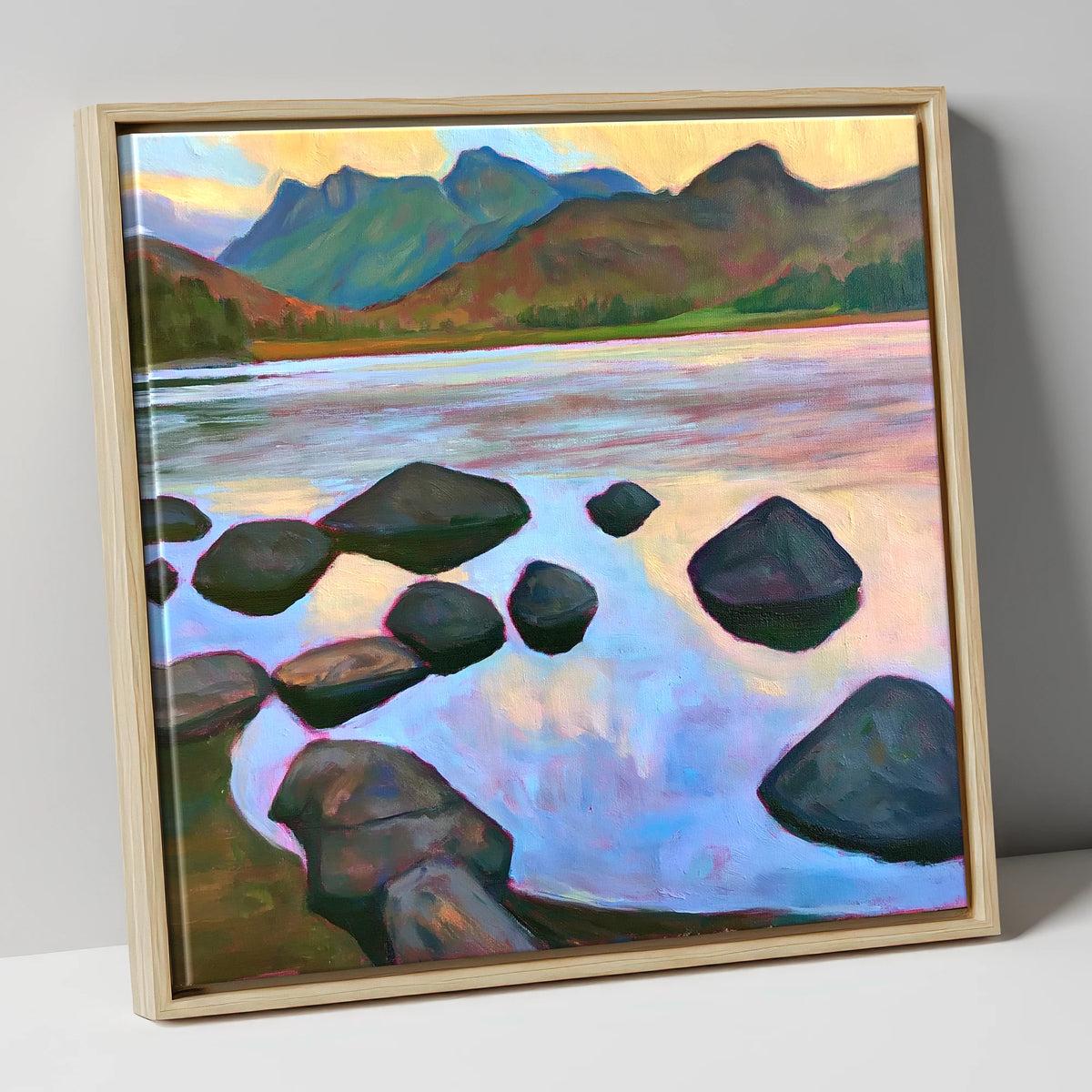 Elterwater Rocks at Sunset lake district lake canvas wall art in natural frame