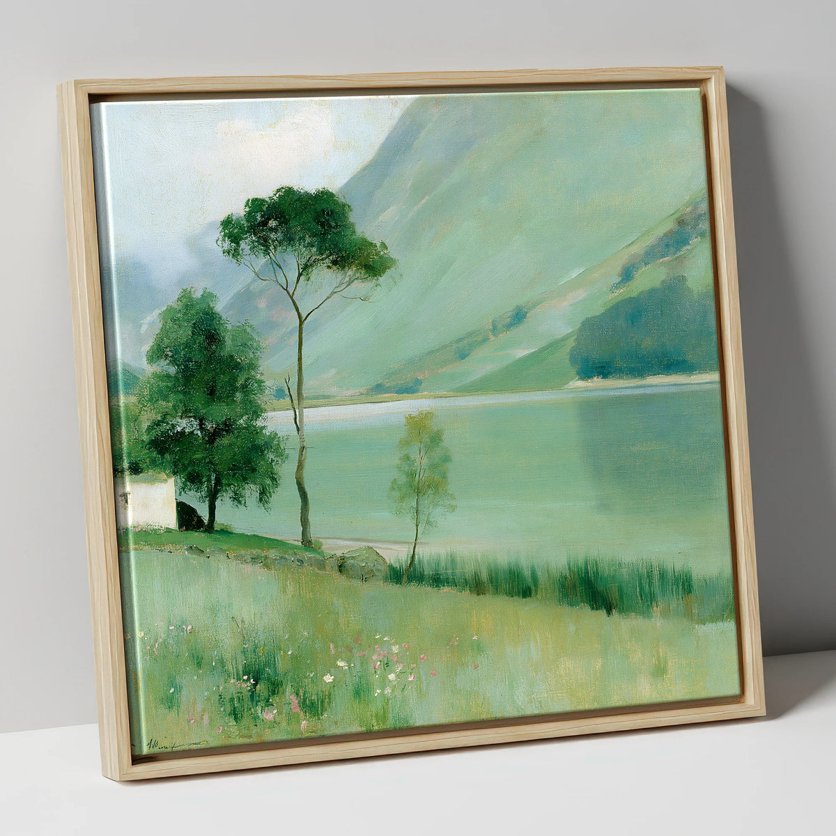 Buttermere in Soft Sage Green lake district lake canvas wall art in natural frame
