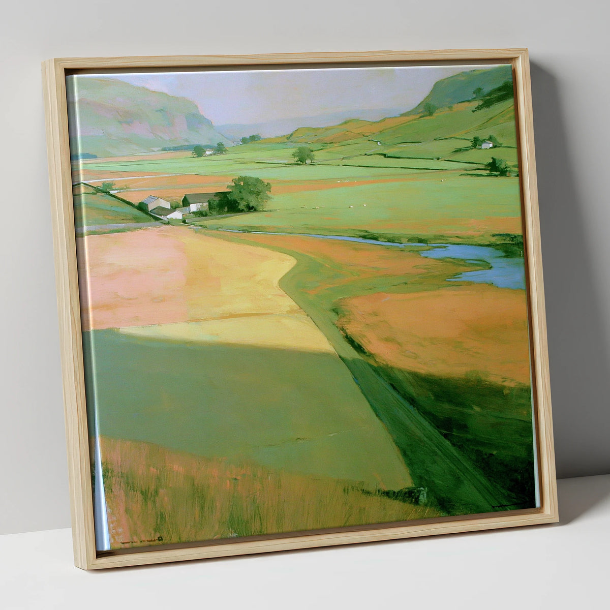 Green Valley Beneath The Fells lake district valley canvas wall art in natural frame