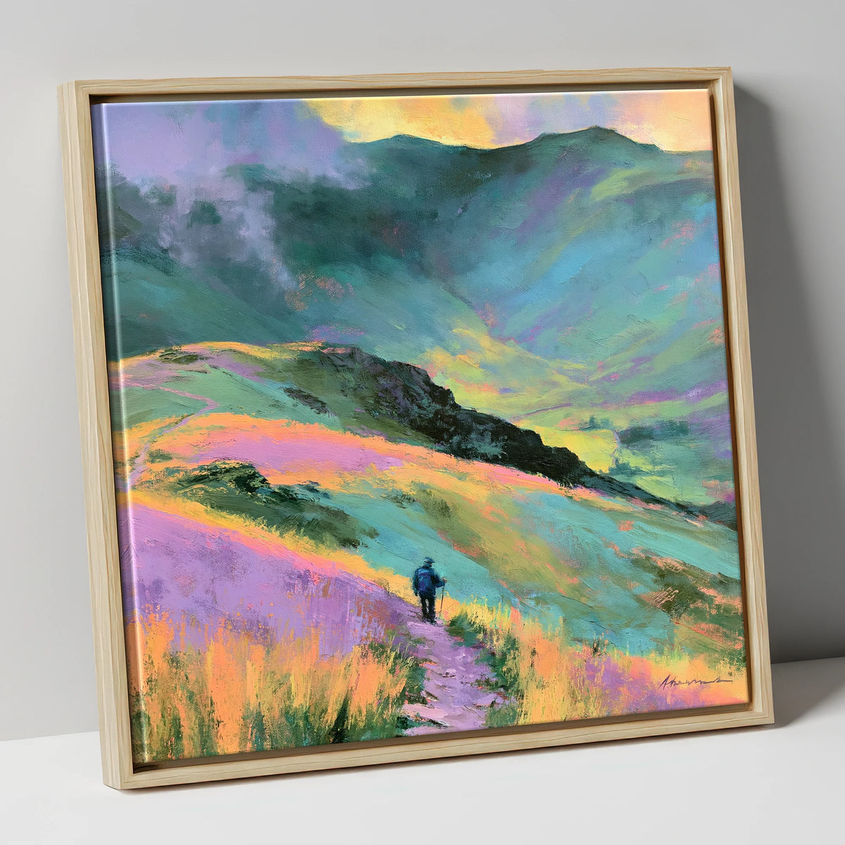 Lone Hiker on Pastel Fells lake district walking canvas wall art in natural frame