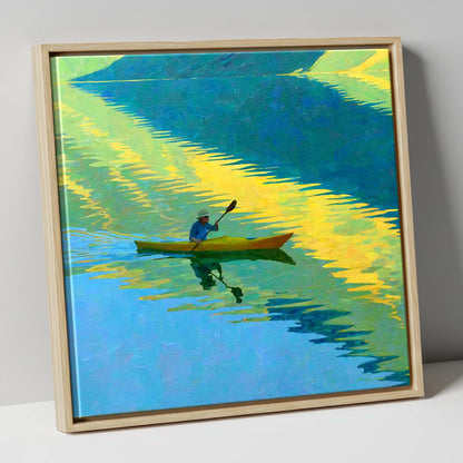Kayaker on Vibrant Golden Water Reflections lake district walking canvas wall art in natural frame