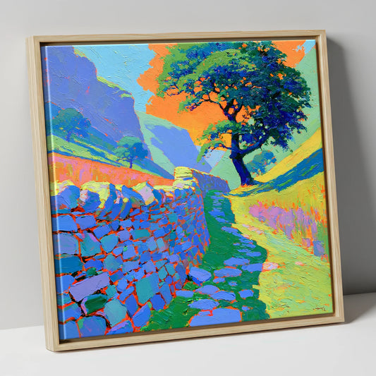 Vibrant Valley Drystone Wall Path lake district valley canvas wall art in natural frame