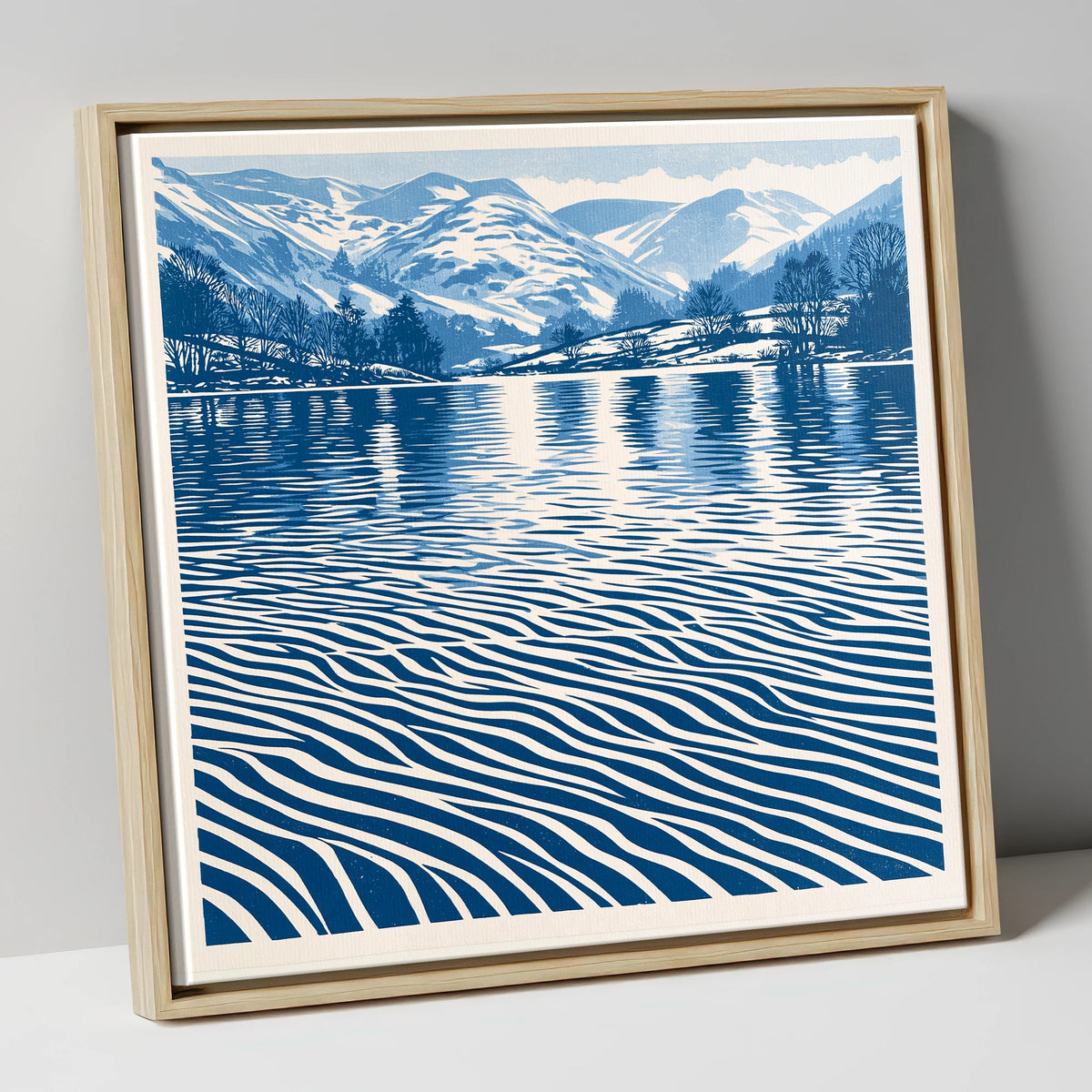 Rhythmic Blue Lake Reflections lake district lake canvas wall art in natural frame
