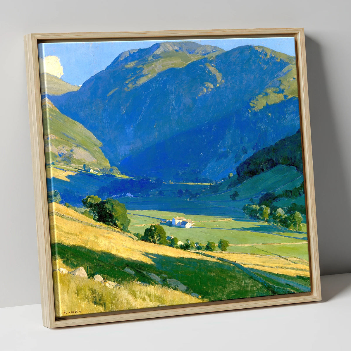 Sunlit Green Valley Between Fells lake district valley canvas wall art in natural frame