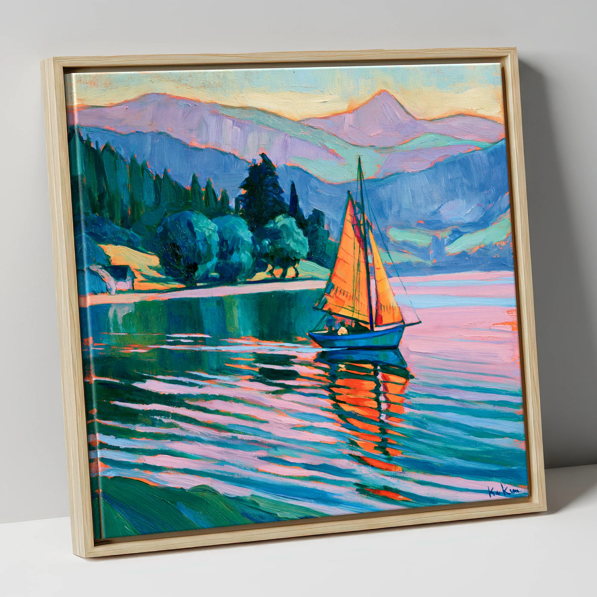 Orange Sails Below the Fells lake district walking canvas wall art in natural frame