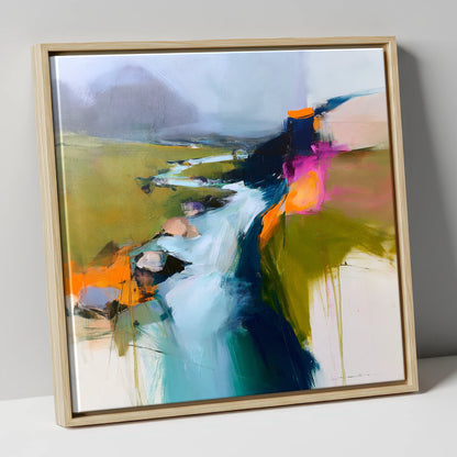 Dynamic Abstract Fellside Beck lake district waterfall canvas wall art in natural frame