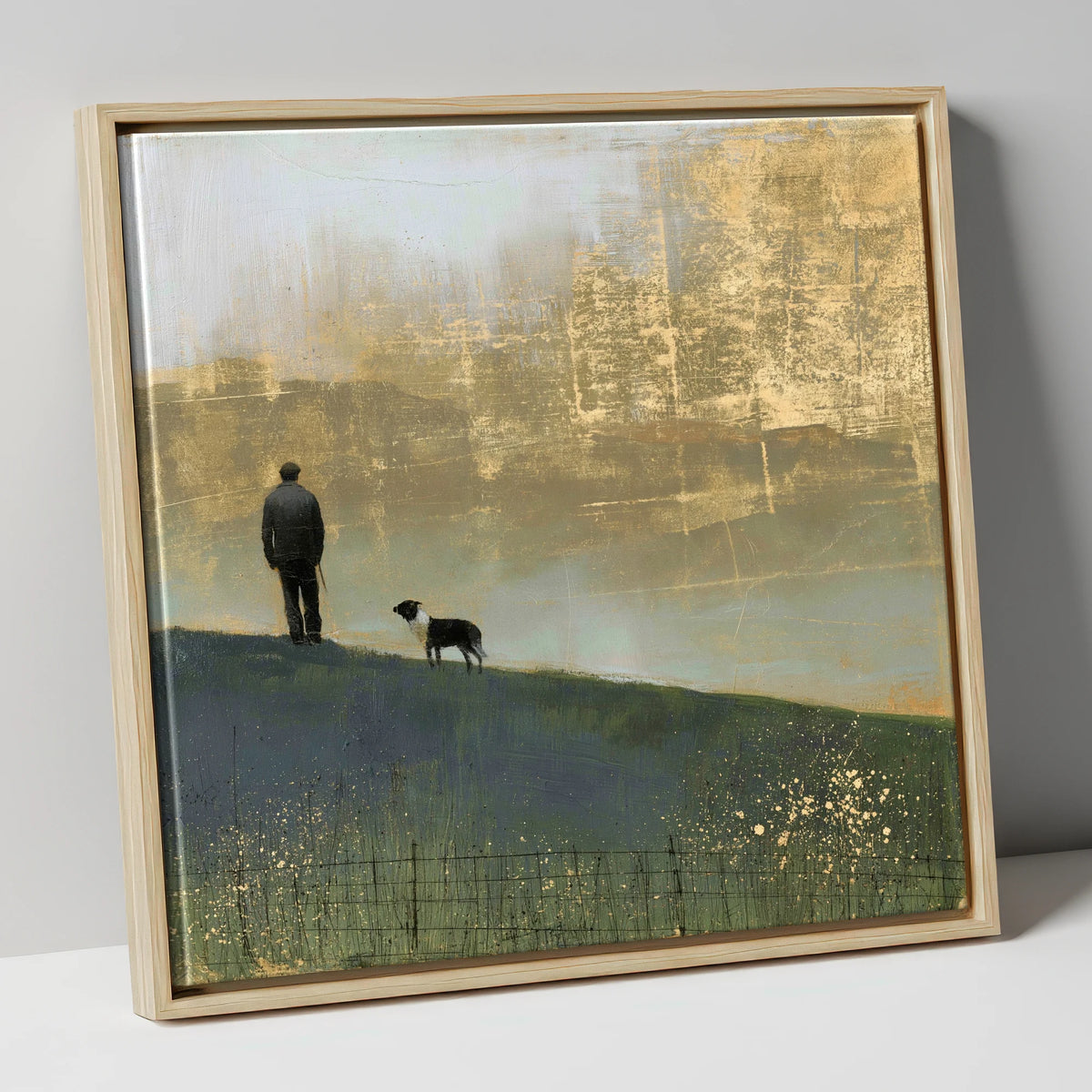 Shepherd and Dog in Golden Mist lake district wildlife canvas wall art in natural frame