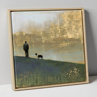 Shepherd and Dog in Golden Mist lake district wildlife canvas wall art in natural frame
