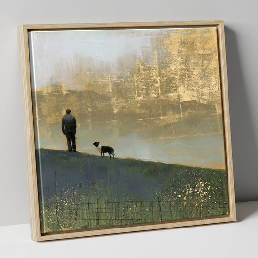 Shepherd and Dog in Golden Mist lake district wildlife canvas wall art in natural frame