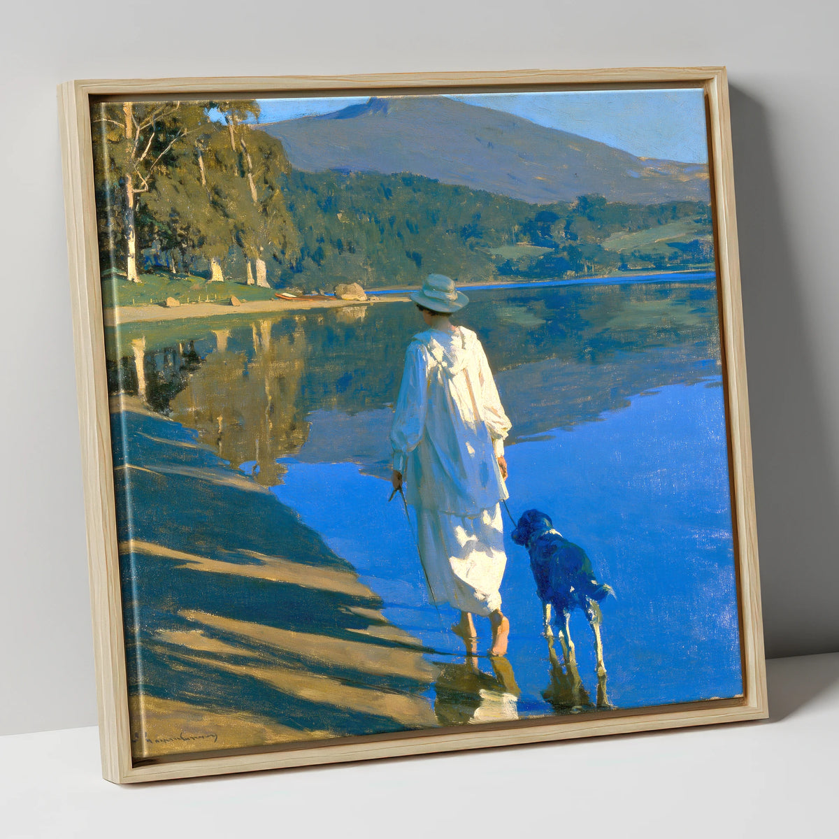 Sunlit Dog Walk Coniston Water gifts for dog walkers canvas wall art in natural frame