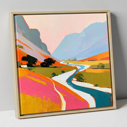 Vibrant River Winding Through Fells lake district waterfall canvas wall art in natural frame