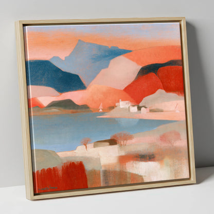 Abstract Terracotta Lake and Fells lake district lake canvas wall art in natural frame