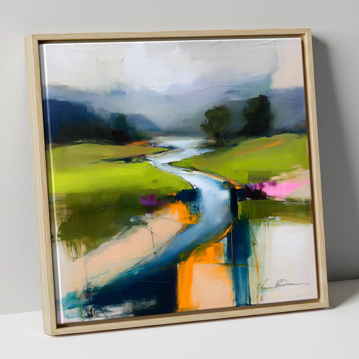 Vibrant Winding River and Valley lake district waterfall canvas wall art in natural frame