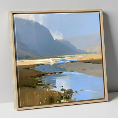 River Through Sunlit Valley lake district waterfall canvas wall art in natural frame