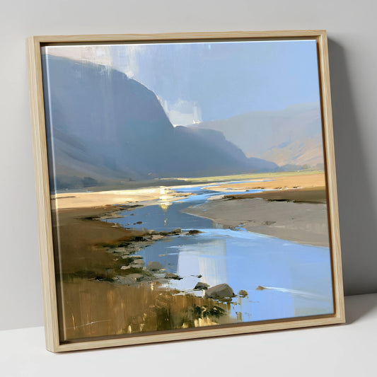 River Through Sunlit Valley lake district waterfall canvas wall art in natural frame
