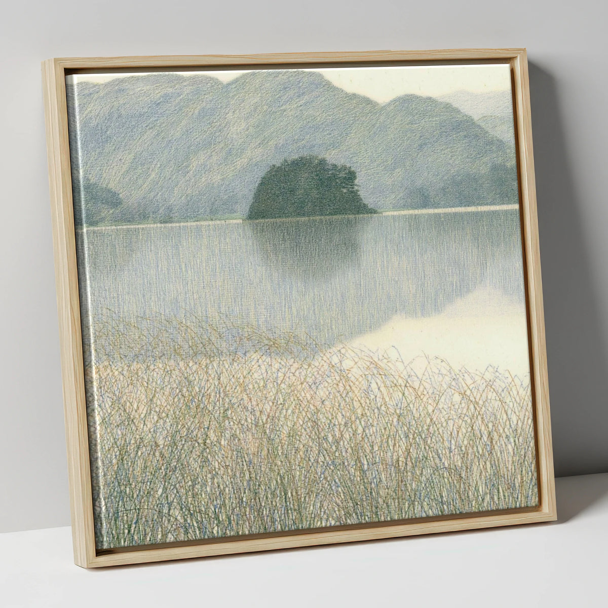 Grasmere Island Through Tall Grasses lake district lake canvas wall art in natural frame
