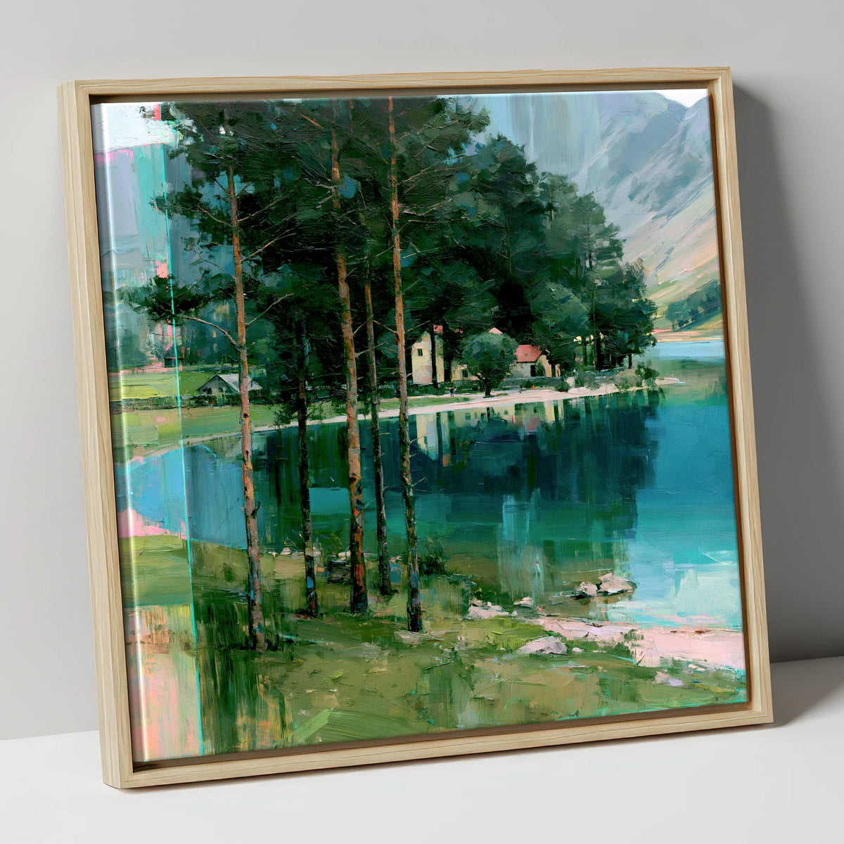 Pine Trees on Buttermere Shoreline lake district lake canvas wall art in natural frame