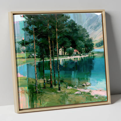 Pine Trees on Buttermere Shoreline lake district lake canvas wall art in natural frame