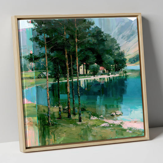 Pine Trees on Buttermere Shoreline lake district lake canvas wall art in natural frame