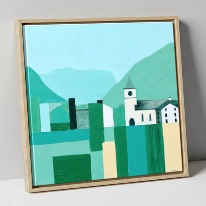 Keswick Townscape in Bold Greens lake district village canvas wall art in natural frame