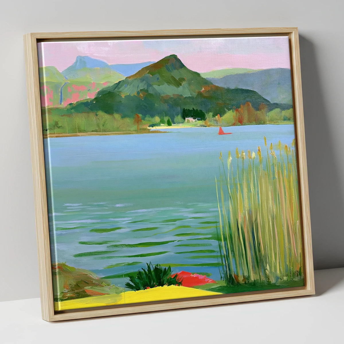 Vibrant Reeds on Grasmere Water lake district lake canvas wall art in natural frame