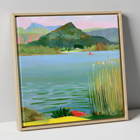 Vibrant Reeds on Grasmere Water lake district lake canvas wall art in natural frame