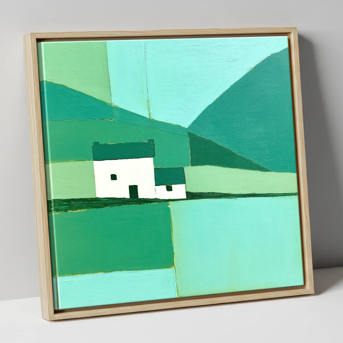 Geometric Grasmere Cottage and Fells lake district lake canvas wall art in natural frame